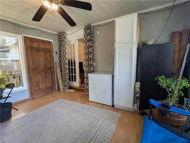 foyer entrance with ceiling fan and light hardwood / wood-style flooring