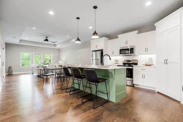 kitchen featuring stainless steel appliances, a tray ceiling, open floor plan, a kitchen bar, and an island with sink