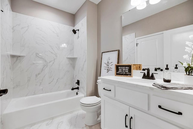 bathroom with shower / bathtub combination, vanity, marble finish floor, and toilet