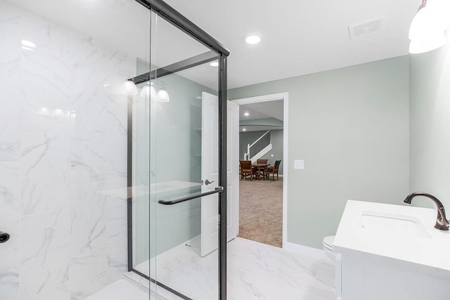 full bath with recessed lighting, visible vents, marble finish floor, and a marble finish shower