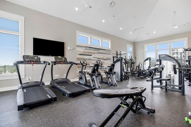 workout area featuring recessed lighting, visible vents, baseboards, and ceiling fan