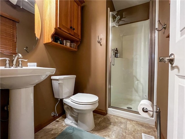 bathroom featuring walk in shower, toilet, and tile patterned floors