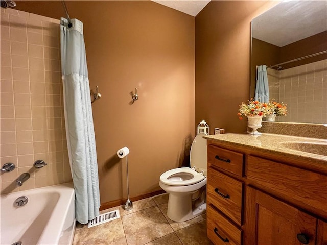 bathroom with tile patterned floors, shower / bathtub combination with curtain, toilet, and vanity