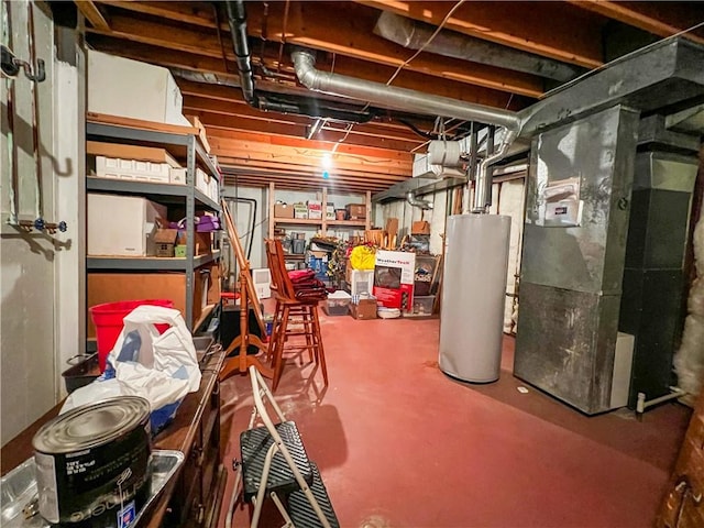 basement with heating unit and water heater