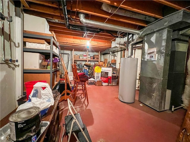 unfinished below grade area featuring water heater and heating unit