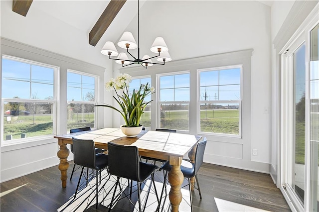 13485 W 174th Pl, Overland Park, KS 66221 - dining room featuring plenty of natural light, a chandelier, baseboards, beam ceiling, and high vaulted ceiling