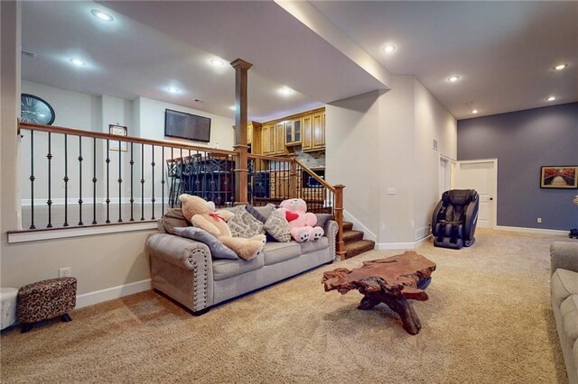 4602 NW Verona Dr, Riverside, MO 64150 - living area featuring carpet, baseboards, stairs, and recessed lighting