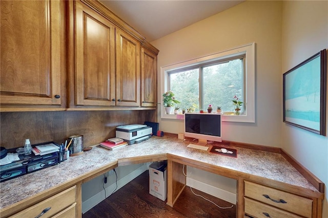 office space with built in desk and dark hardwood / wood-style floors