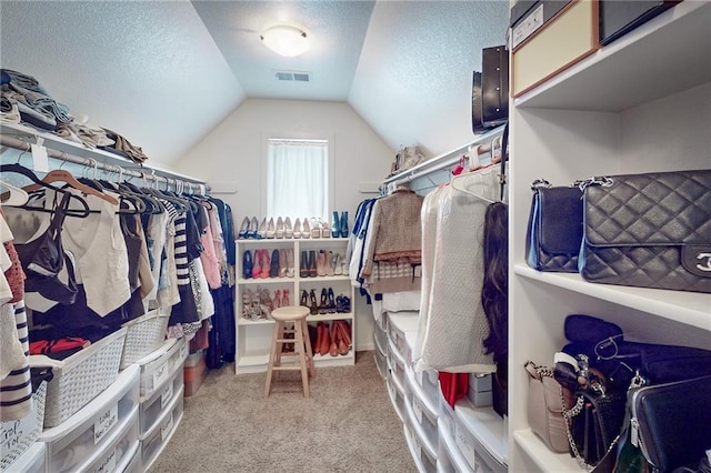 spacious closet featuring carpet floors and lofted ceiling