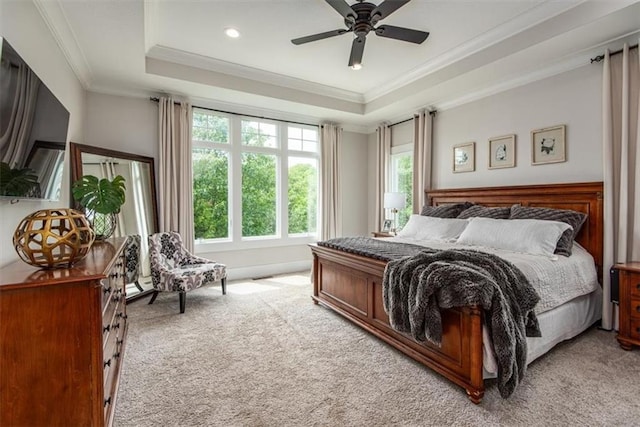 carpeted bedroom featuring a raised ceiling, ceiling fan, and crown molding