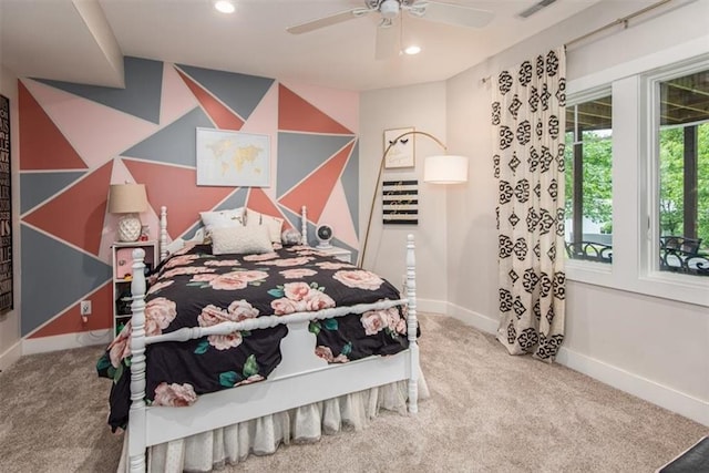 bedroom featuring carpet floors and ceiling fan