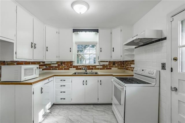 kitchen with white cabinets, white appliances, sink, and ventilation hood