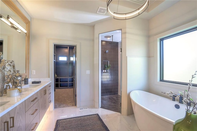 bathroom featuring vanity and separate shower and tub