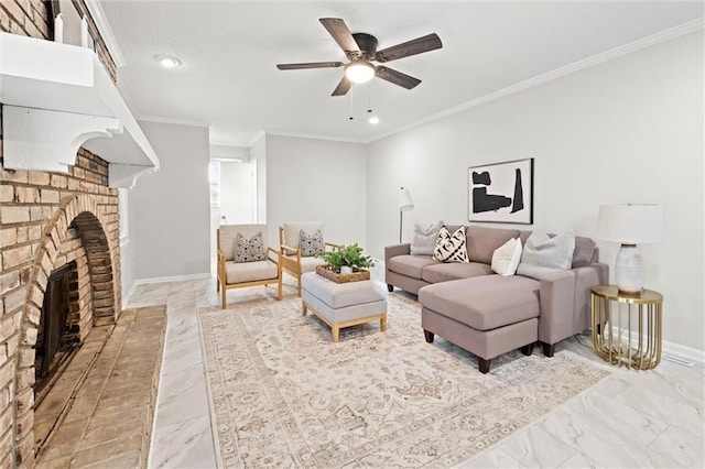 living room with a fireplace, ceiling fan, and crown molding