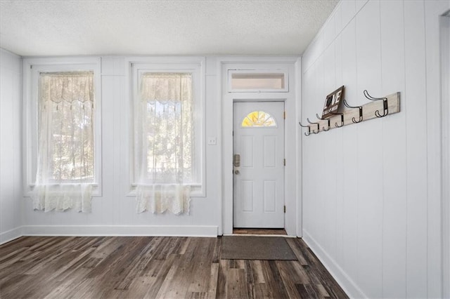 entrance foyer with a wealth of natural light, a textured ceiling, and dark hardwood / wood-style flooring