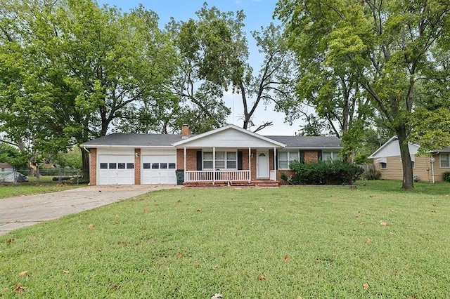 ranch-style house with a front lawn and a porch