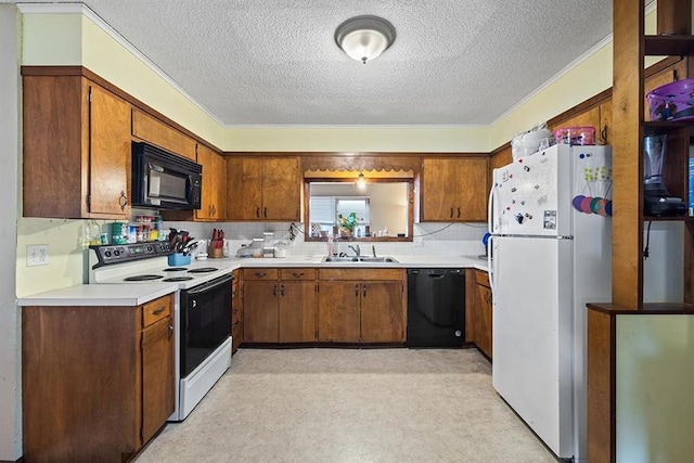 kitchen with light colored carpet, a textured ceiling, sink, and black appliances