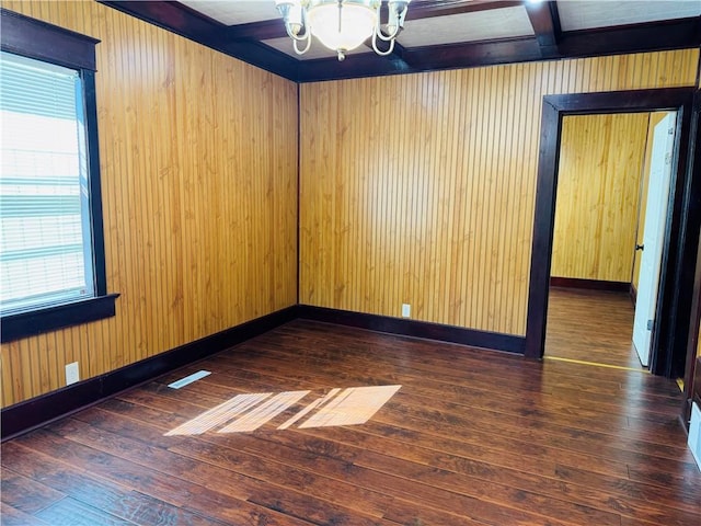 spare room featuring wooden walls, dark hardwood / wood-style flooring, and plenty of natural light