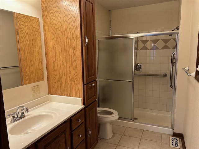 bathroom with tile patterned floors, an enclosed shower, vanity, and toilet