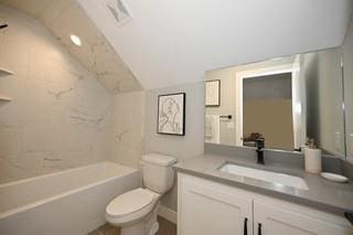 full bathroom with vanity, shower / bathtub combination, toilet, lofted ceiling, and visible vents