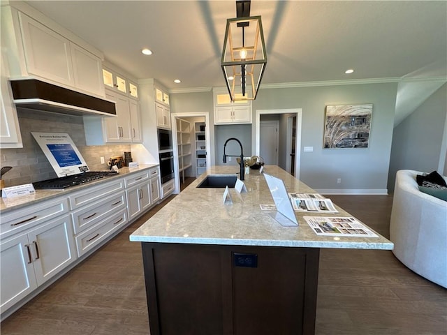 12850 N Arbor Way, Platte City, MO 64079 - kitchen featuring custom range hood, ornamental molding, stainless steel gas stovetop, white cabinets, and tasteful backsplash