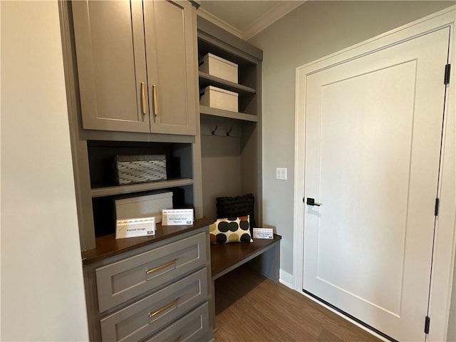12850 N Arbor Way, Platte City, MO 64079 - mudroom featuring crown molding and dark wood-style floors