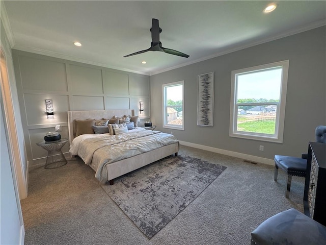 12850 N Arbor Way, Platte City, MO 64079 - bedroom featuring ornamental molding, carpet flooring, recessed lighting, and a ceiling fan