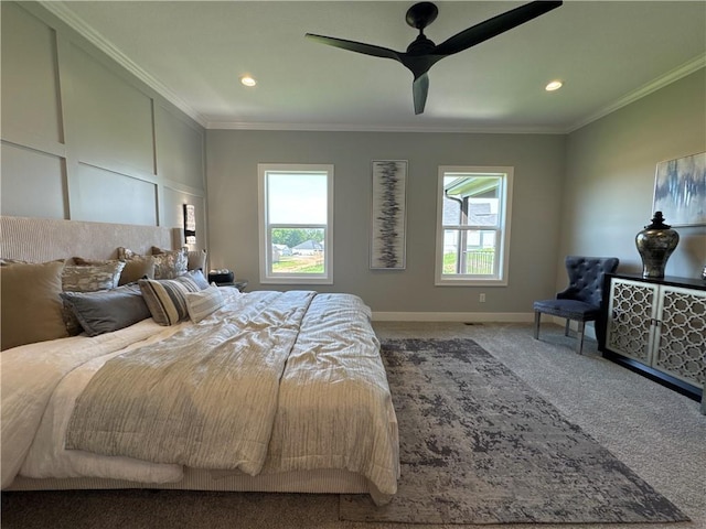 12850 N Arbor Way, Platte City, MO 64079 - carpeted bedroom featuring multiple windows, ornamental molding, a ceiling fan, and recessed lighting