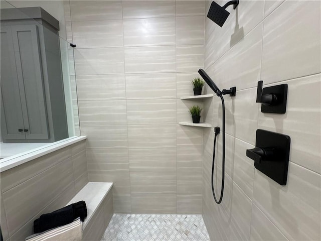 12850 N Arbor Way, Platte City, MO 64079 - bathroom with tile patterned flooring, tiled shower, and tile walls
