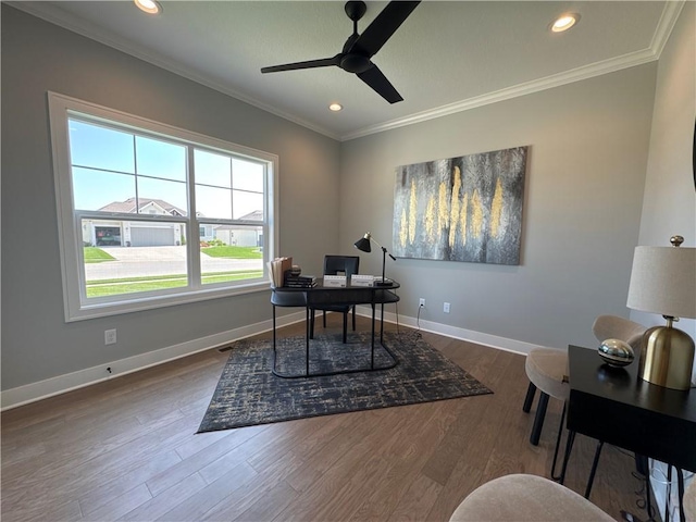 12850 N Arbor Way, Platte City, MO 64079 - office space featuring crown molding, ceiling fan, wood finished floors, and recessed lighting