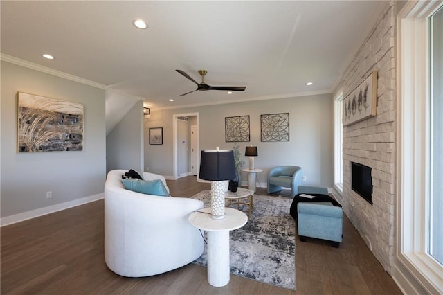 12850 N Arbor Way, Platte City, MO 64079 - living room with ceiling fan, recessed lighting, wood finished floors, a fireplace, and ornamental molding