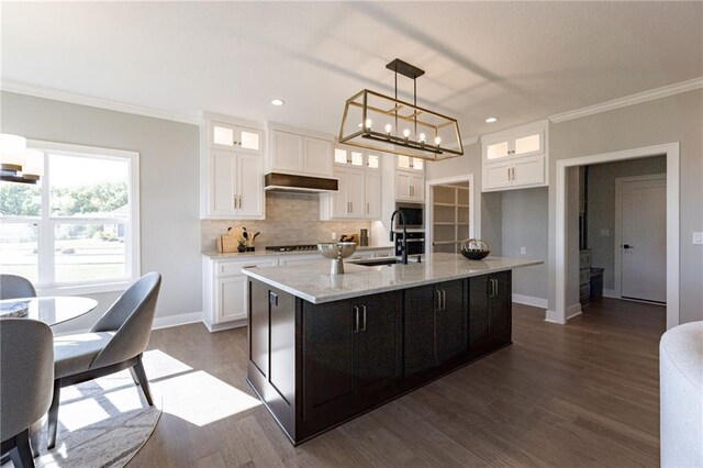 12850 N Arbor Way, Platte City, MO 64079 - kitchen featuring crown molding, custom exhaust hood, tasteful backsplash, white cabinetry, and an island with sink
