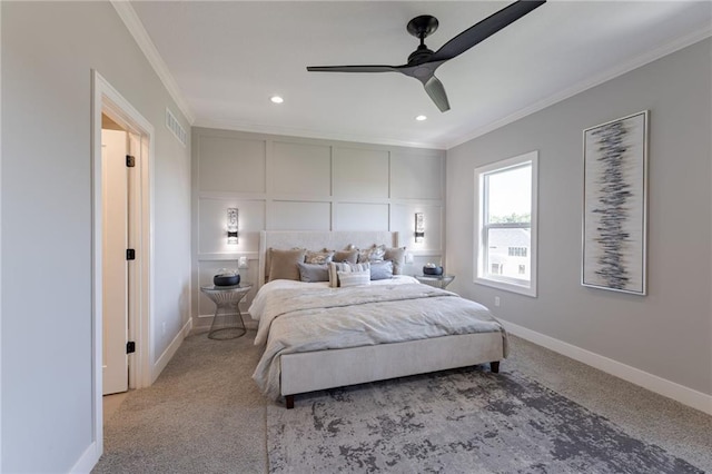 12850 N Arbor Way, Platte City, MO 64079 - carpeted bedroom featuring crown molding, recessed lighting, and a ceiling fan