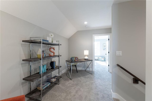 12850 N Arbor Way, Platte City, MO 64079 - carpeted home office featuring vaulted ceiling and recessed lighting
