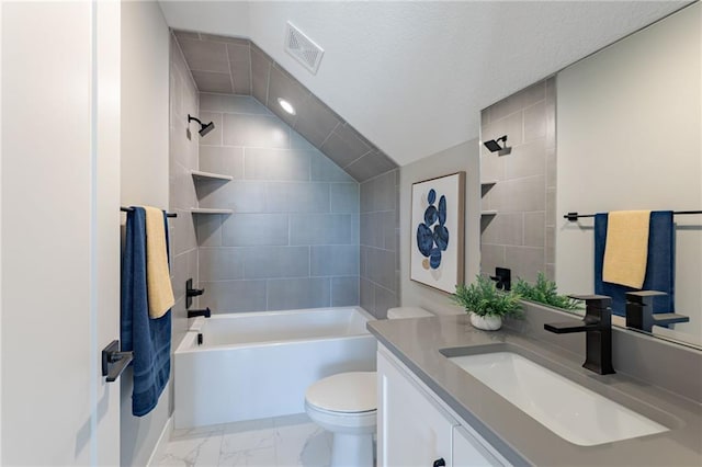 12850 N Arbor Way, Platte City, MO 64079 - bathroom featuring vanity, marble finish flooring, shower / bathtub combination, and lofted ceiling