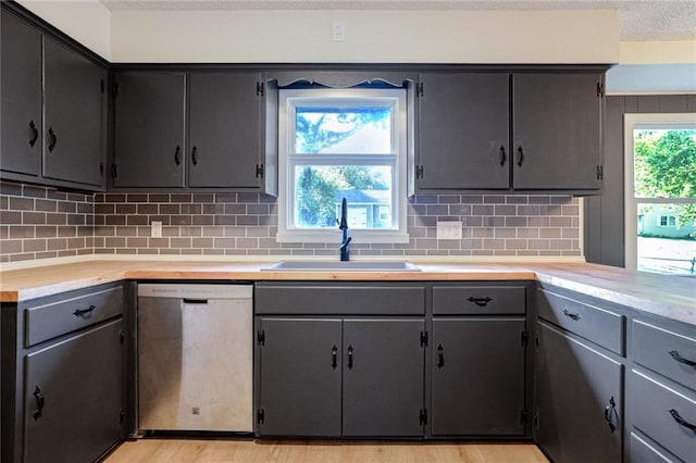 kitchen featuring stainless steel dishwasher, sink, light hardwood / wood-style flooring, and tasteful backsplash