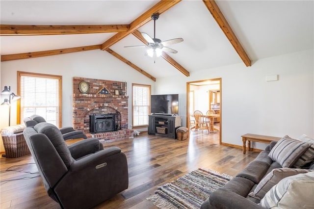 living room featuring a fireplace, lofted ceiling with beams, hardwood / wood-style floors, and ceiling fan