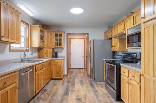 kitchen with appliances with stainless steel finishes, light wood-type flooring, and sink