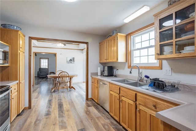 kitchen with light wood-type flooring, ceiling fan, appliances with stainless steel finishes, and sink