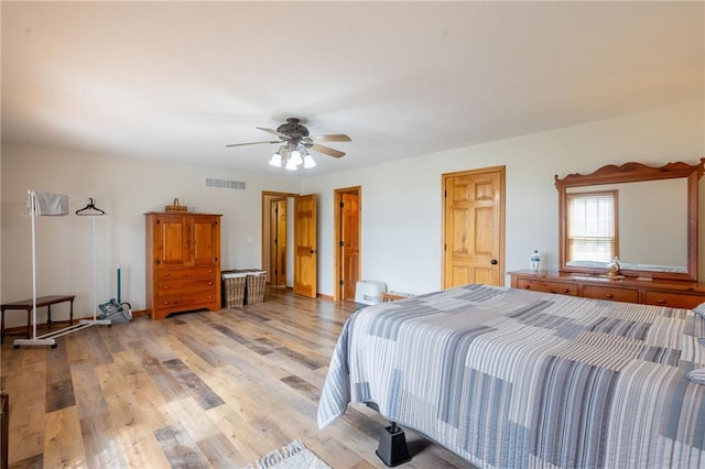 bedroom featuring light wood-type flooring and ceiling fan