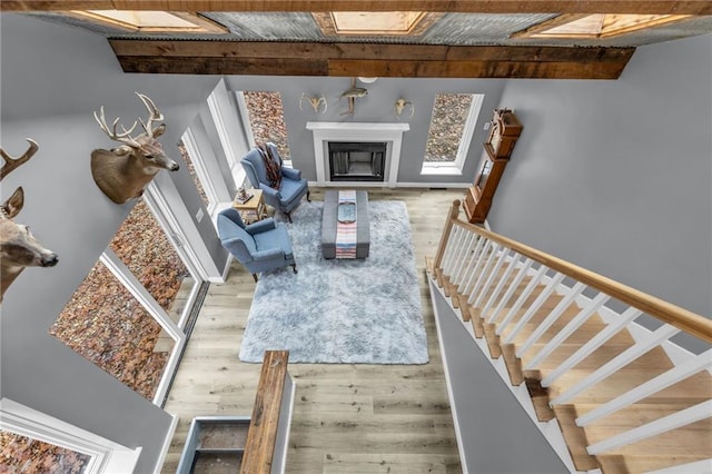 living room featuring wood finished floors, a skylight, and a fireplace