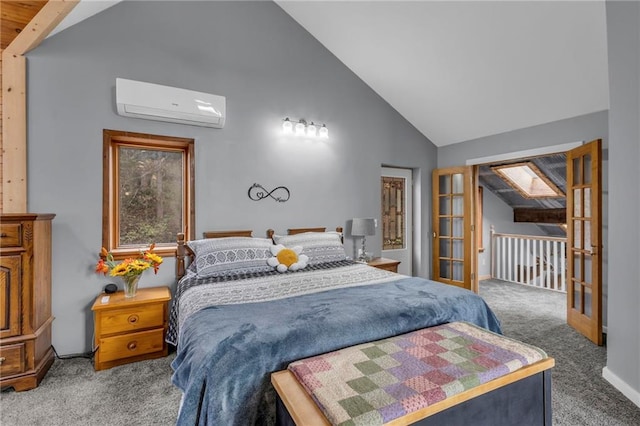 bedroom with carpet floors, lofted ceiling, french doors, and a wall mounted air conditioner