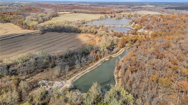 aerial view with a water view and a wooded view