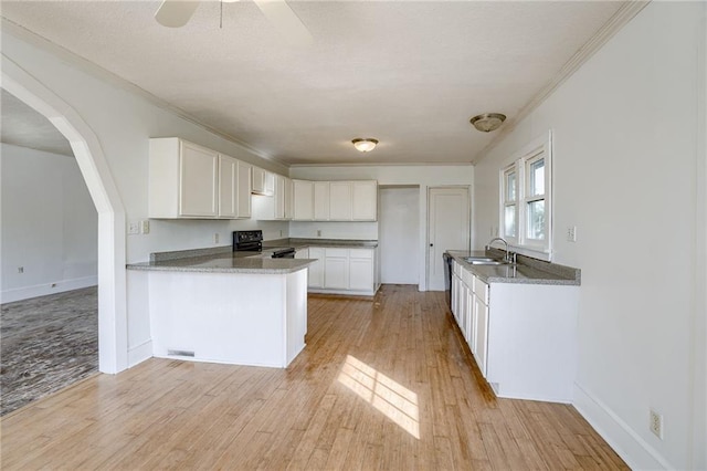 kitchen with light hardwood / wood-style floors, sink, kitchen peninsula, white cabinets, and black electric range