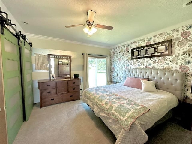 bedroom featuring ceiling fan, ornamental molding, light colored carpet, and access to exterior