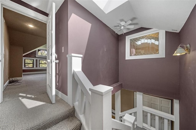 stairs with lofted ceiling with skylight, carpet floors, and ceiling fan