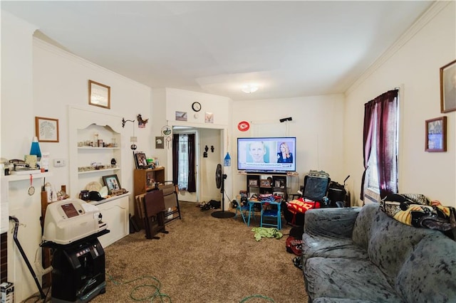 carpeted living room featuring ornamental molding