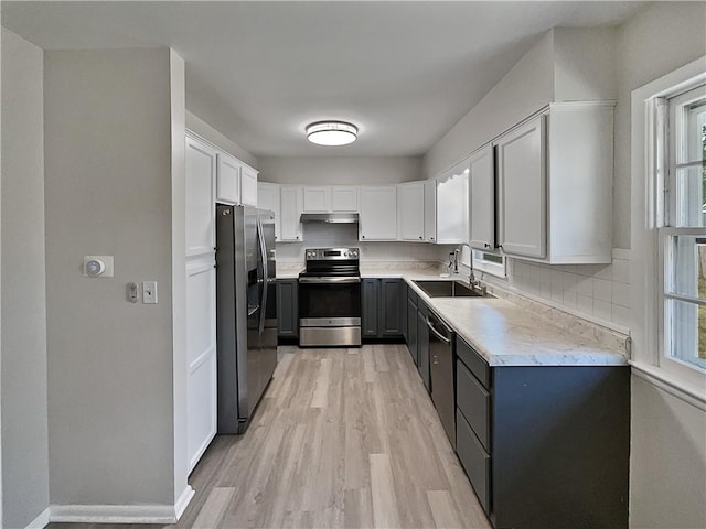 kitchen featuring appliances with stainless steel finishes, sink, light hardwood / wood-style flooring, and plenty of natural light