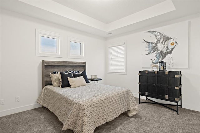 carpeted bedroom with a raised ceiling