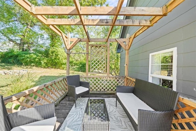 deck with a pergola and an outdoor hangout area